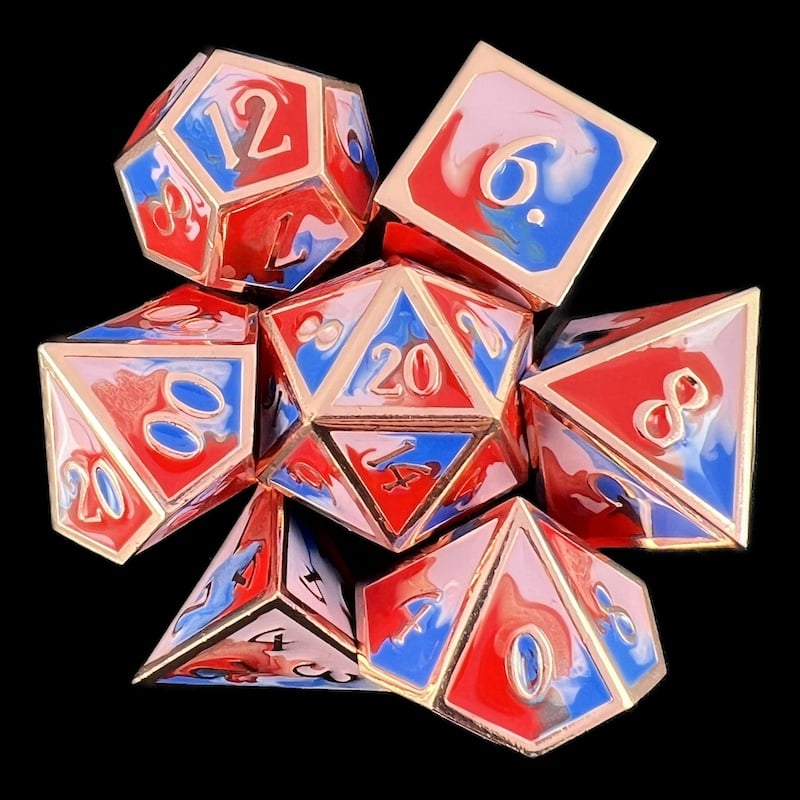 CLEARANCE TDSO Metal Fire Forged Multi Copper Blue Red & White 7 Dice Polyset