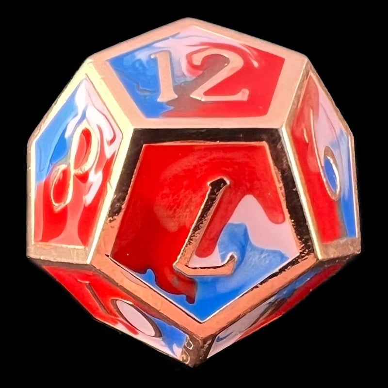 CLEARANCE TDSO Metal Fire Forged Multi Copper Blue Red & White D12 Dice