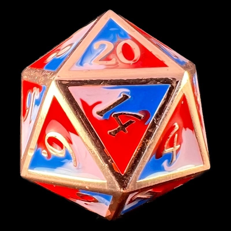 CLEARANCE TDSO Metal Fire Forged Multi Copper Blue Red & White D20 Dice