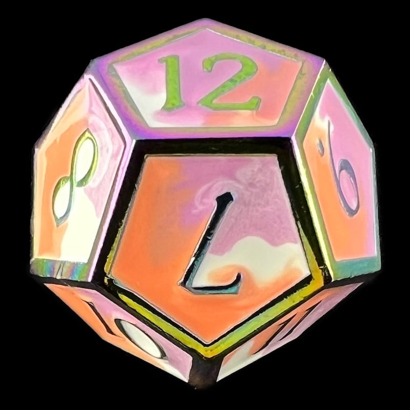 CLEARANCE TDSO Metal Fire Forged Multi Iridescent Orange Violet & White D12 Dice
