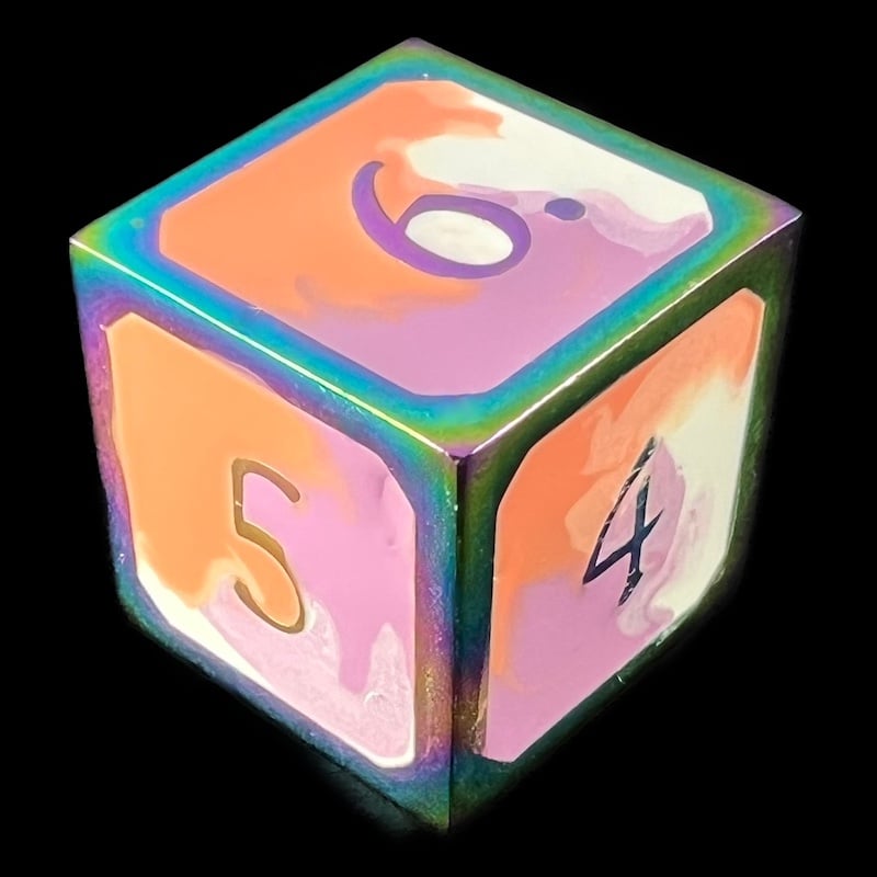 CLEARANCE TDSO Metal Fire Forged Multi Iridescent Orange Violet & White D6 Dice