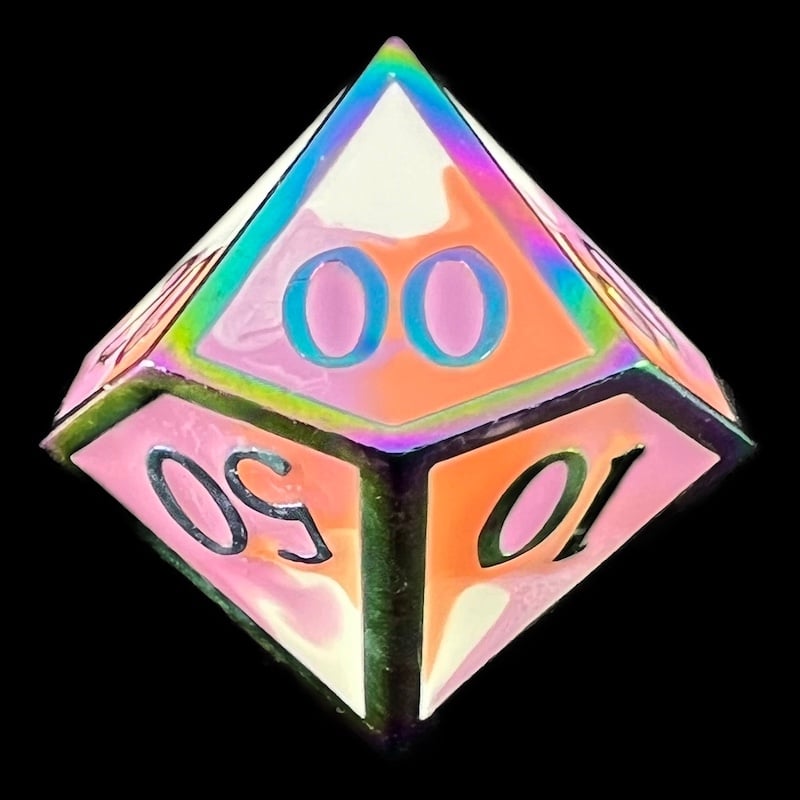 CLEARANCE TDSO Metal Fire Forged Multi Iridescent Orange Violet & White Percentile Dice
