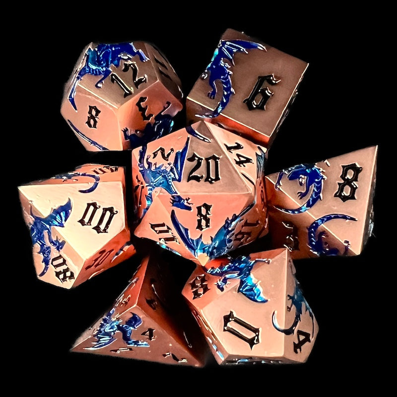 TDSO Metal Flying Dragon Copper & Blue 7 Dice Polyset