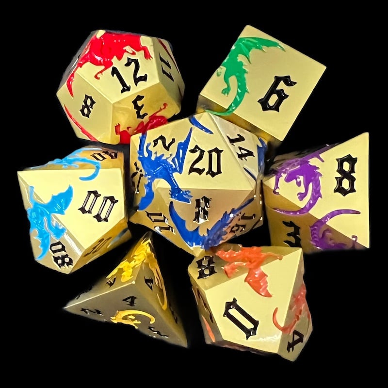 TDSO Metal Flying Dragon Gold & Rainbow 7 Dice Polyset