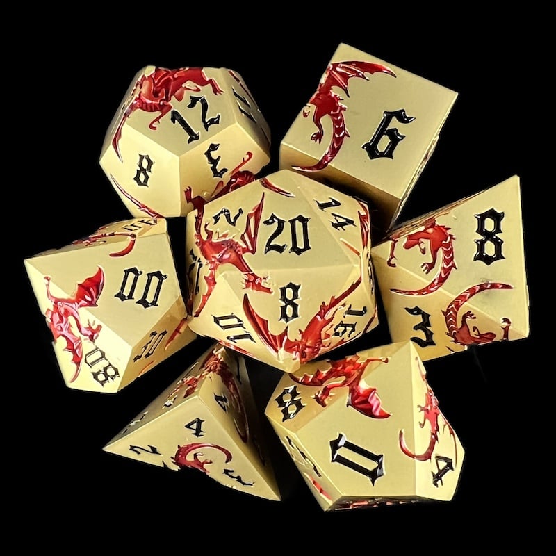 TDSO Metal Flying Dragon Gold & Red 7 Dice Polyset