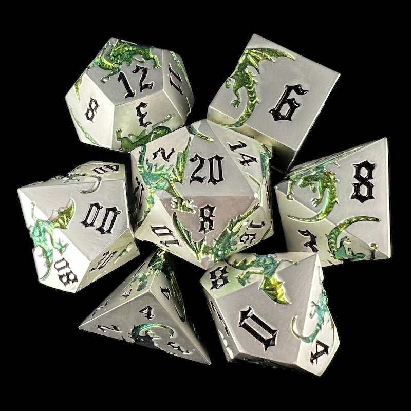 TDSO Metal Flying Dragon Yellow & Green 7 Dice Polyset