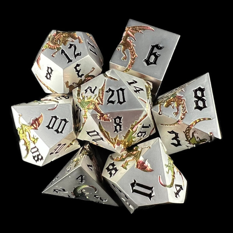 TDSO Metal Flying Dragon Pink & Green 7 Dice Polyset