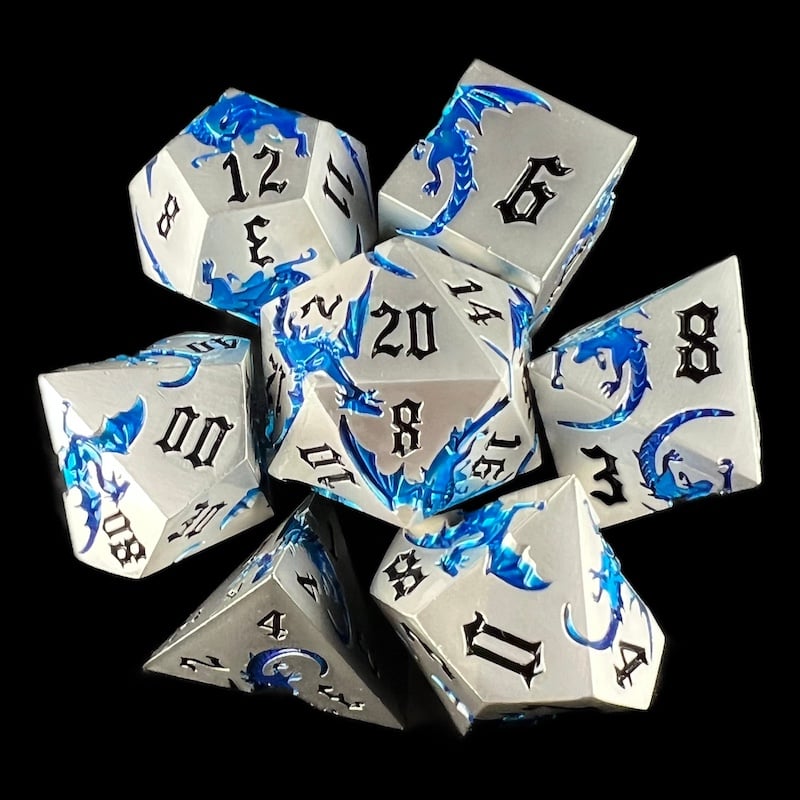 TDSO Metal Flying Dragon Silver & Blue 7 Dice Polyset
