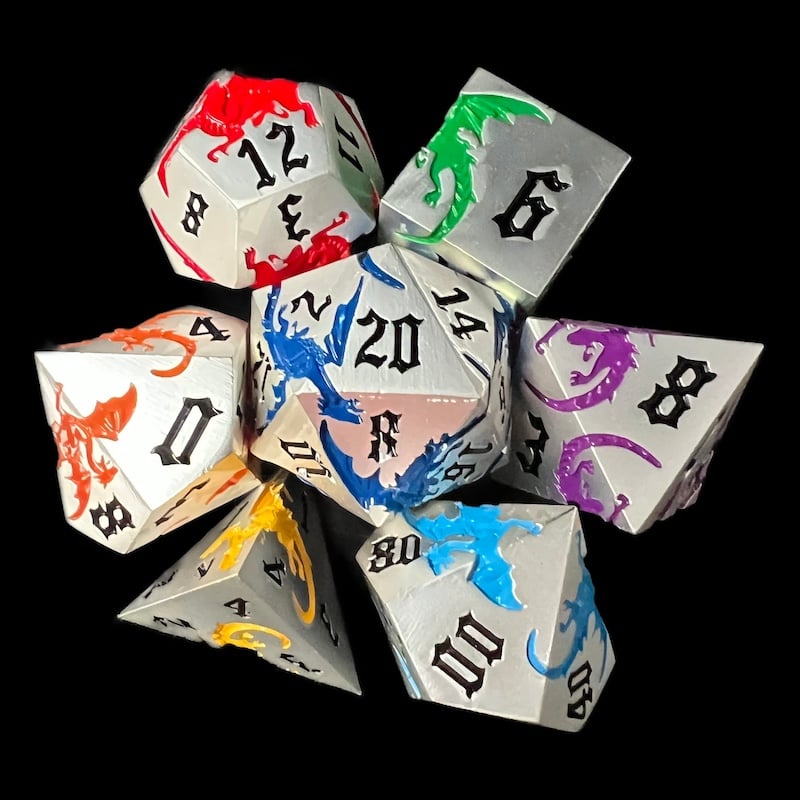 TDSO Metal Flying Dragon Silver & Rainbow 7 Dice Polyset