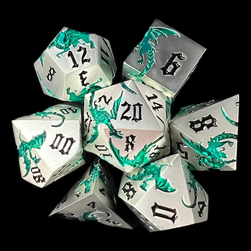 TDSO Metal Flying Dragon Silver & Turquoise 7 Dice Polyset