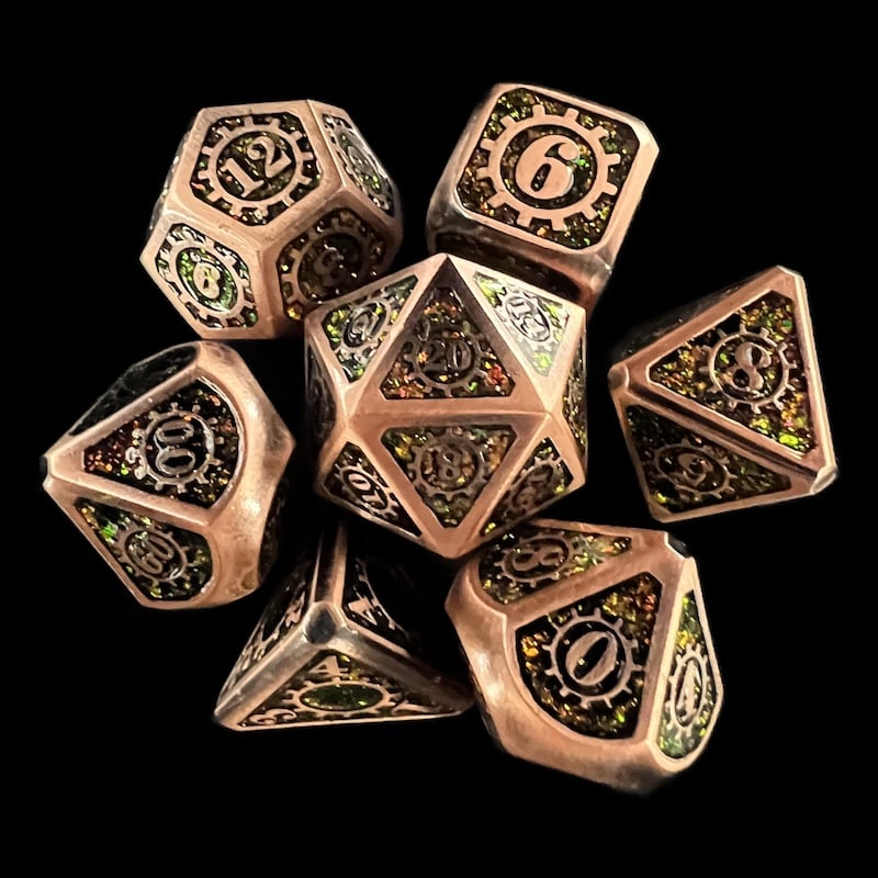 TDSO Metal Gears Antique Copper & Amber Mica 7 Dice Polyset