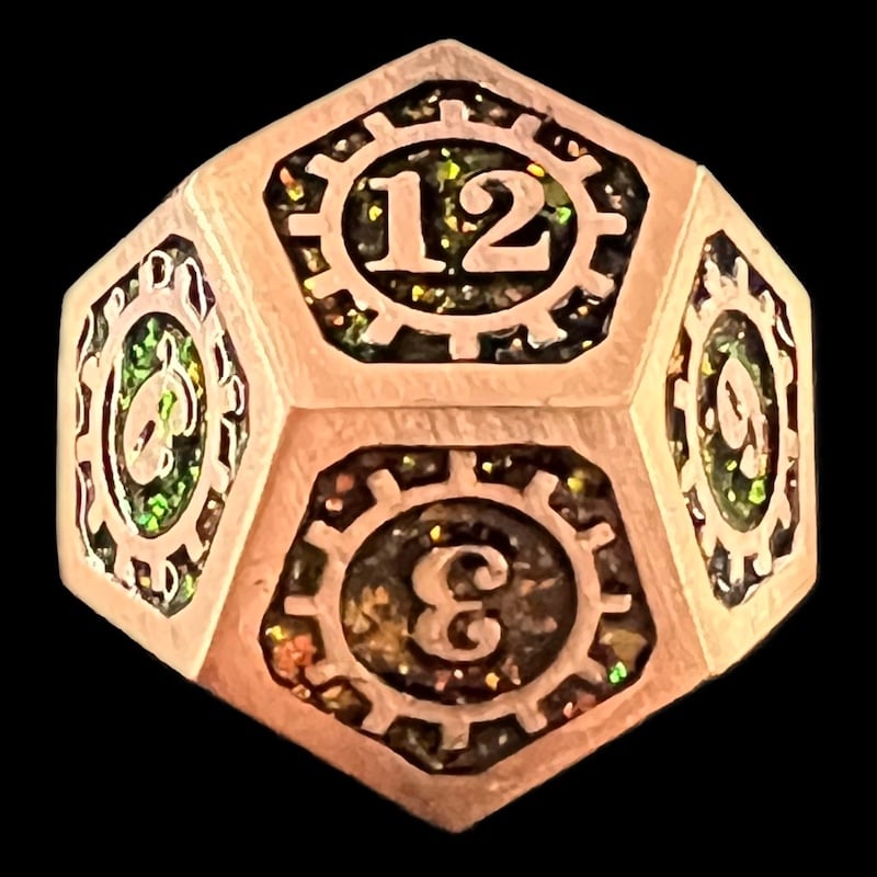 TDSO Metal Gears Antique Copper & Amber Mica D12 Dice