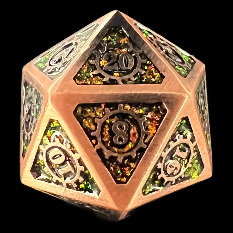 TDSO Metal Gears Antique Copper & Amber Mica D20 Dice