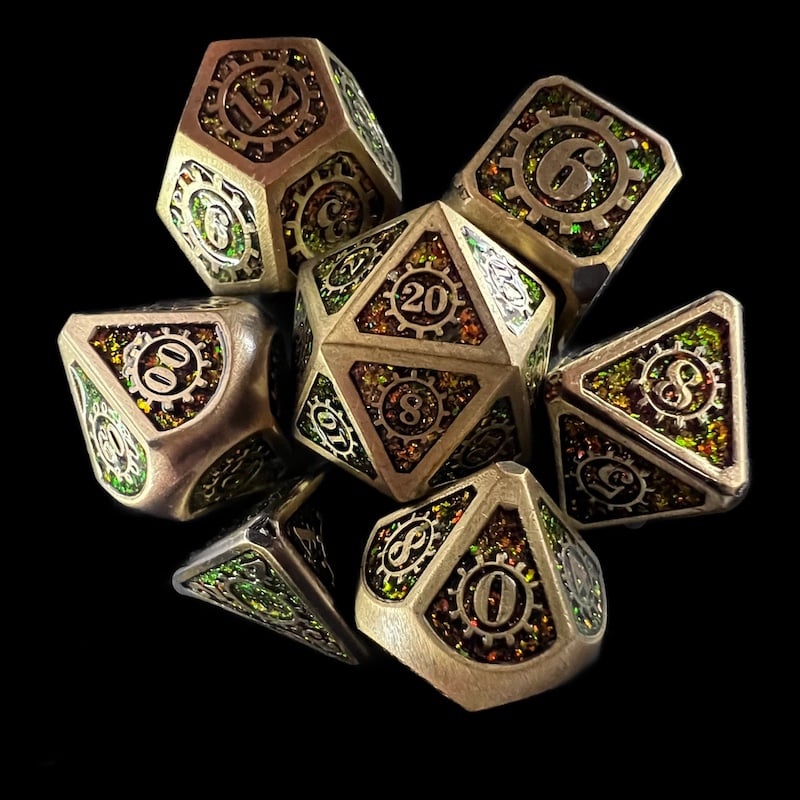 TDSO Metal Gears Antique Gold & Amber Mica 7 Dice Polyset