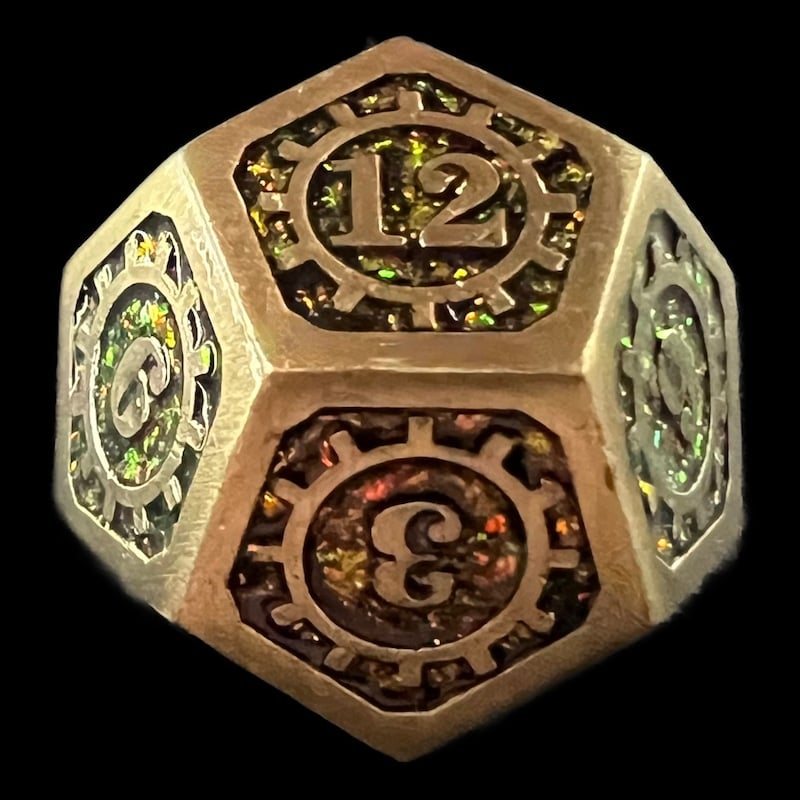 TDSO Metal Gears Antique Gold & Amber Mica D12 Dice