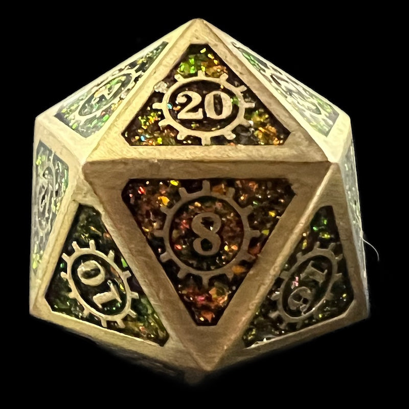 TDSO Metal Gears Antique Gold & Amber Mica D20 Dice