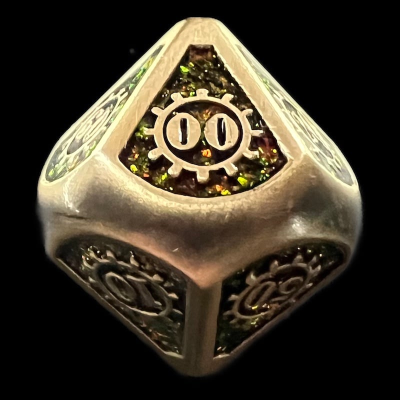 TDSO Metal Gears Antique Gold & Amber Mica Percentile Dice