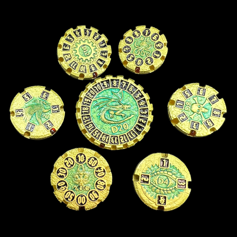 TDSO Metal Round Gyro Gold & Green 7 Dice Polyset