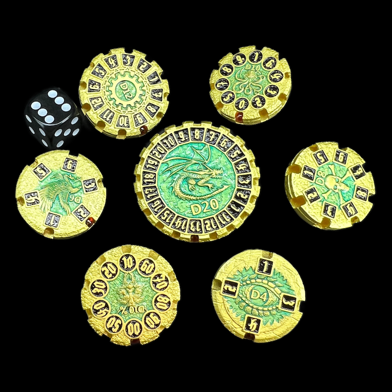 TDSO Metal Round Gyro Gold & Green 7 Dice Polyset