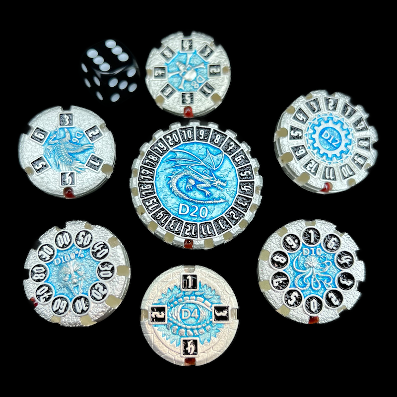 TDSO Metal Round Gyro Silver & Blue 7 Dice Polyset (Copy)