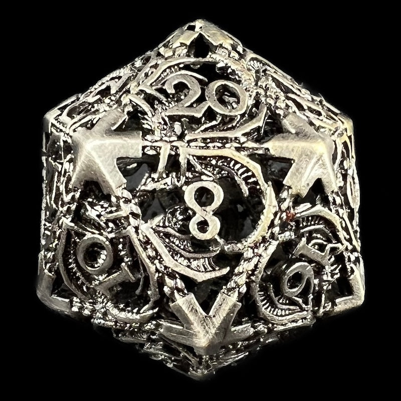 TDSO Metal Hollow Flying Dragon Antique Silver D20 Dice