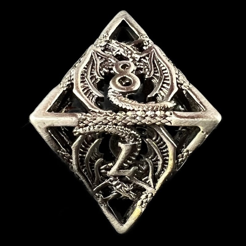 TDSO Metal Hollow Flying Dragon Antique Silver D8 Dice