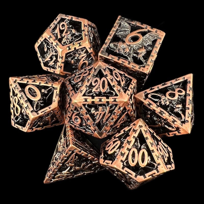 TDSO Metal Hollow Dragon Cage Antique Copper 7 Dice Polyset