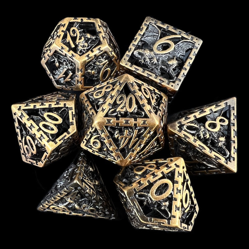 TDSO Metal Hollow Dragon Cage Antique Gold 7 Dice Polyset