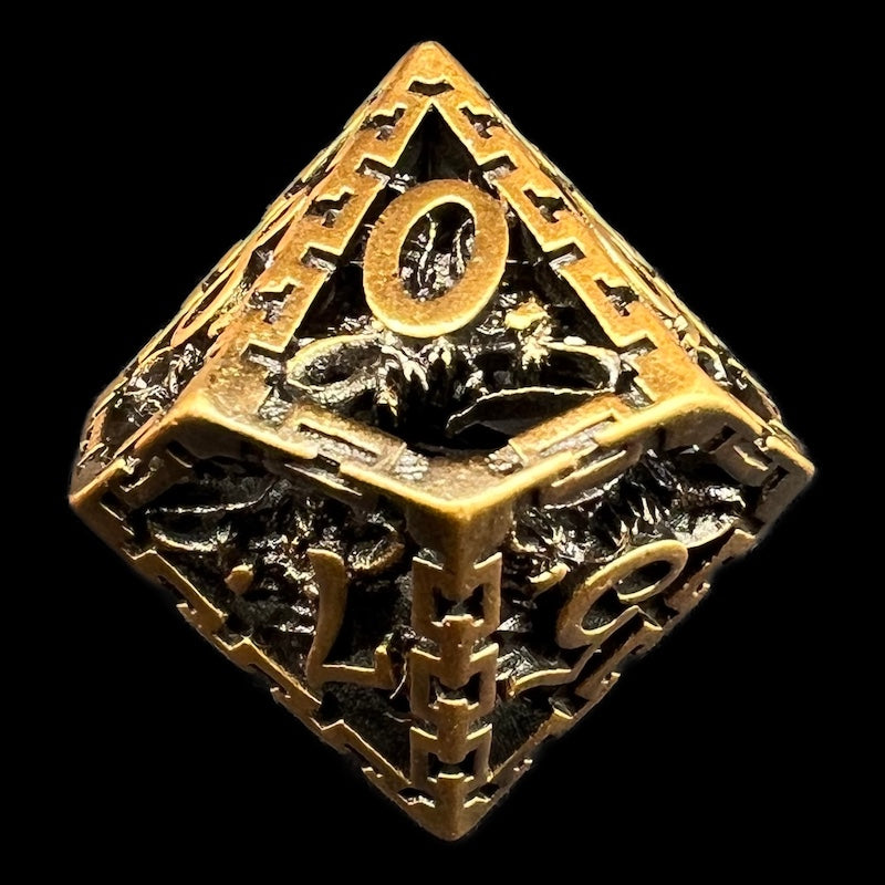 TDSO Metal Hollow Dragon Cage Antique Gold D10 Dice