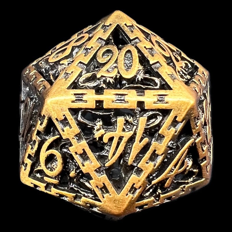 TDSO Metal Hollow Dragon Cage Antique Gold D20 Dice