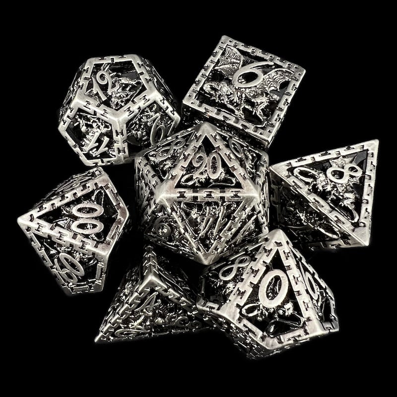 TDSO Metal Hollow Dragon Cage Antique Silver 7 Dice Polyset