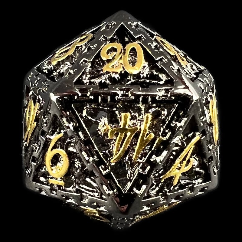 TDSO Metal Hollow Dragon Cage Black Nickel & Gold D20 Dice