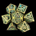 TDSO Metal Hollow Dragon Cage Gold & Green 7 Dice Polyset