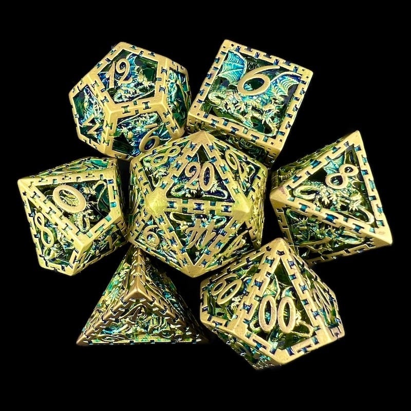 TDSO Metal Hollow Dragon Cage Gold & Green 7 Dice Polyset
