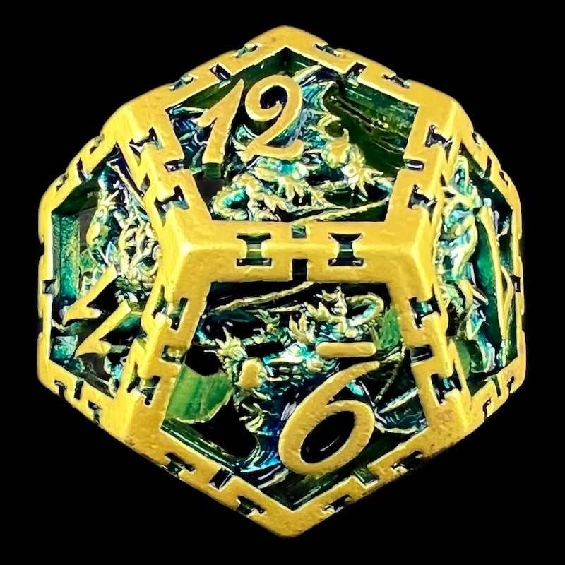 TDSO Metal Hollow Dragon Cage Gold & Green D12 Dice