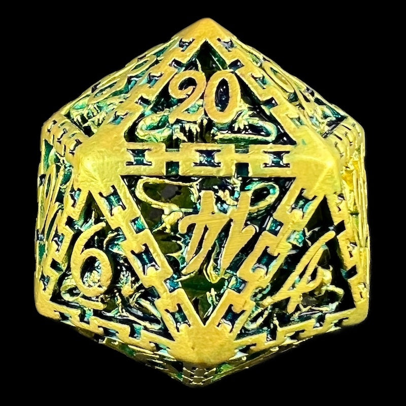 TDSO Metal Hollow Dragon Cage Gold & Green D20 Dice