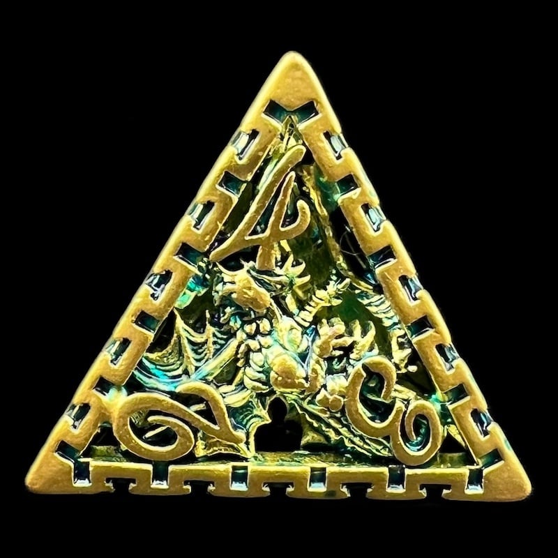 TDSO Metal Hollow Dragon Cage Gold & Green D4 Dice