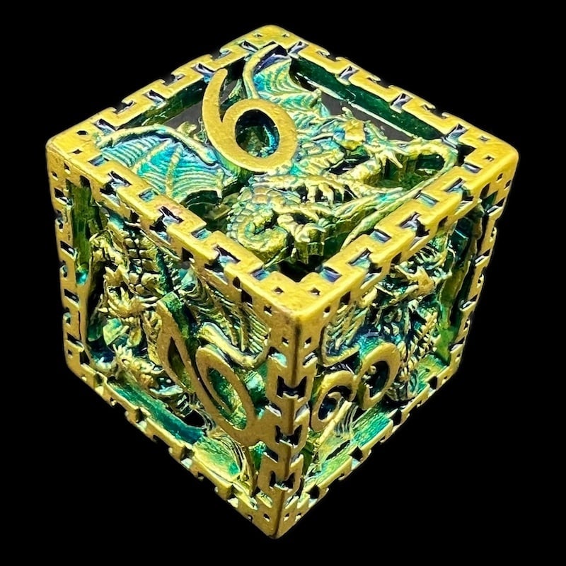 TDSO Metal Hollow Dragon Cage Gold & Green D6 Dice