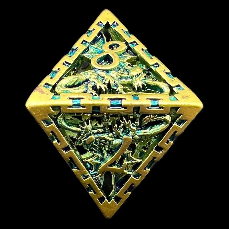 TDSO Metal Hollow Dragon Cage Gold & Green D8 Dice