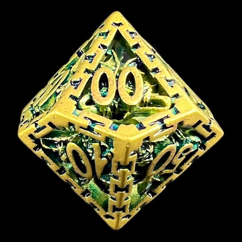 TDSO Metal Hollow Dragon Cage Gold & Green Percentile Dice
