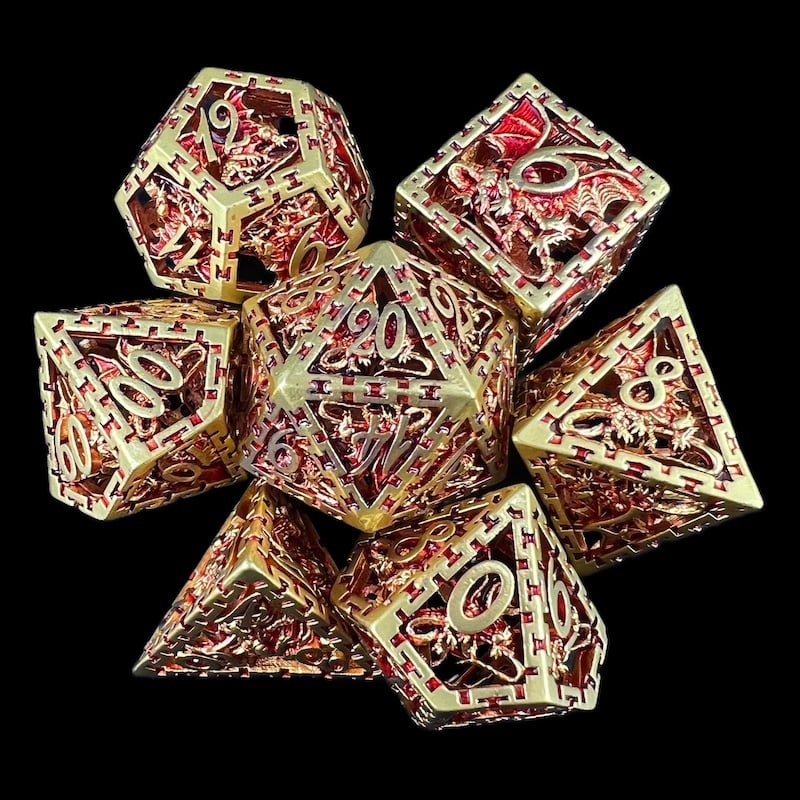 TDSO Metal Hollow Dragon Cage Gold & Red 7 Dice Polyset