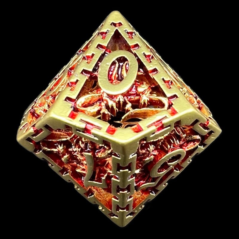 TDSO Metal Hollow Dragon Cage Gold & Red D10 Dice