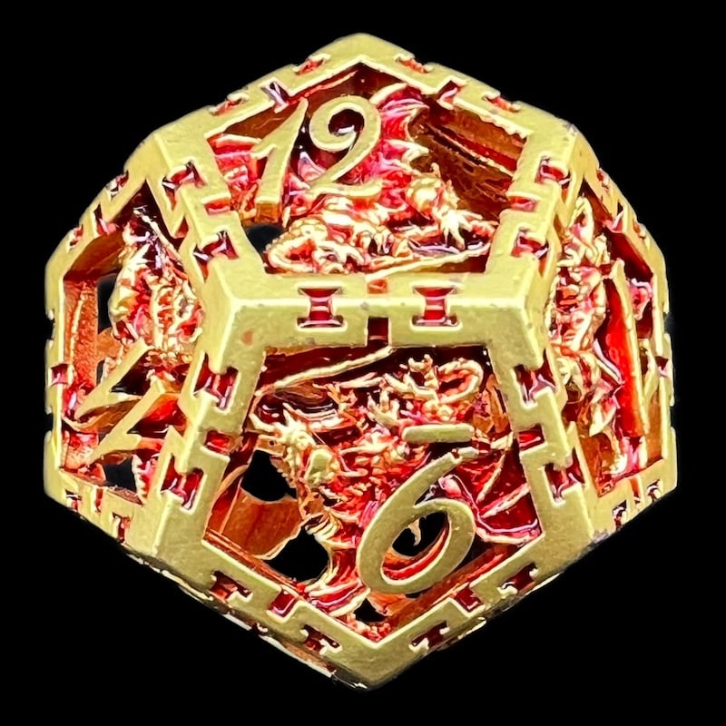 TDSO Metal Hollow Dragon Cage Gold & Red D12 Dice