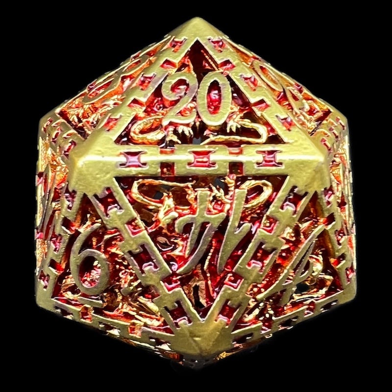 TDSO Metal Hollow Dragon Cage Gold & Red D20 Dice