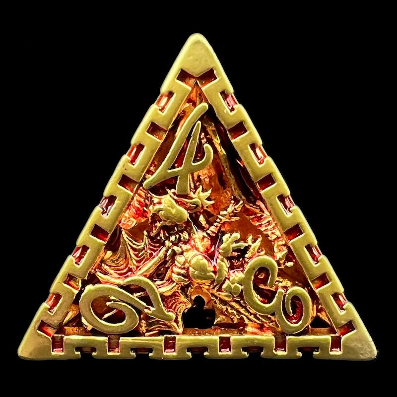 TDSO Metal Hollow Dragon Cage Gold & Red D4 Dice