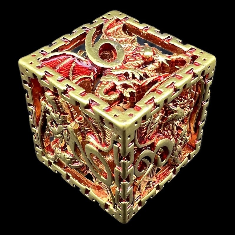 TDSO Metal Hollow Dragon Cage Gold & Red D6 Dice