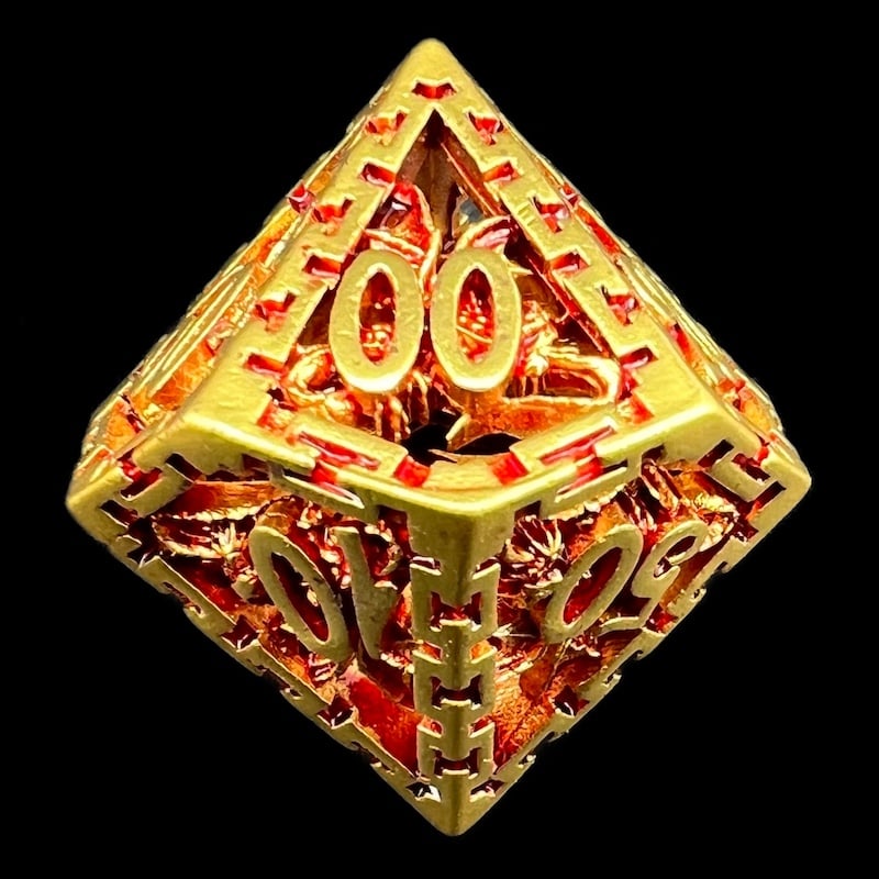 TDSO Metal Hollow Dragon Cage Gold & Red Percentile Dice