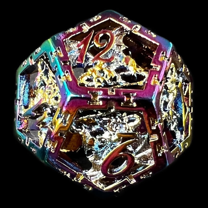 TDSO Metal Hollow Dragon Cage Iridescent D12 Dice