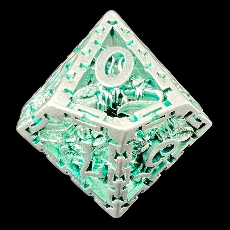TDSO Metal Hollow Dragon Cage Silver & Green D10 Dice