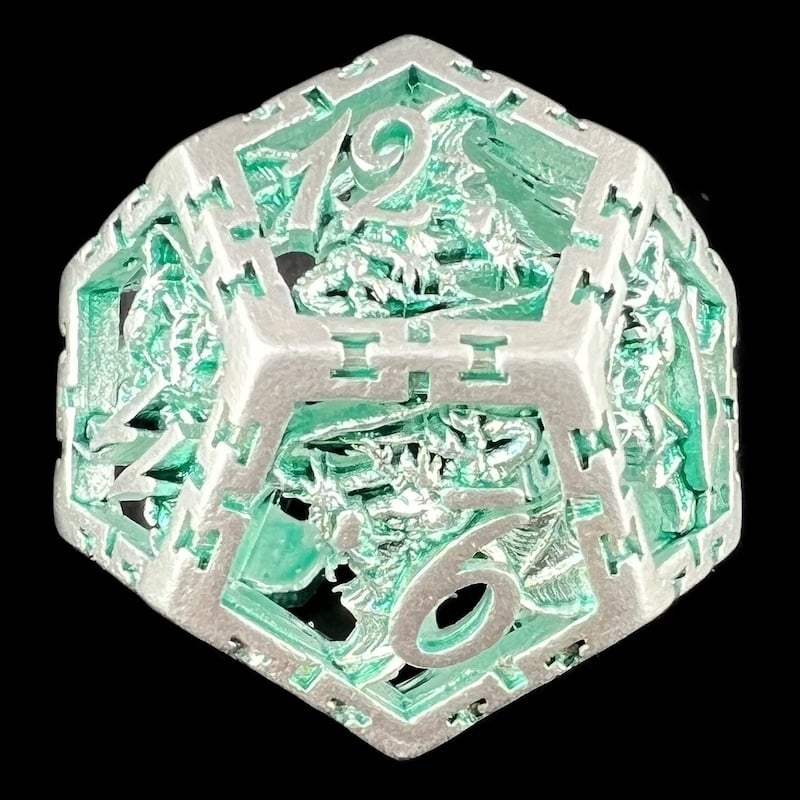 TDSO Metal Hollow Dragon Cage Silver & Green D12 Dice